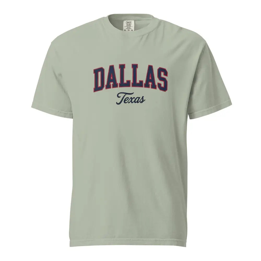 Light green Comfort Colors Dallas Texas vintage varsity arch graphic tee