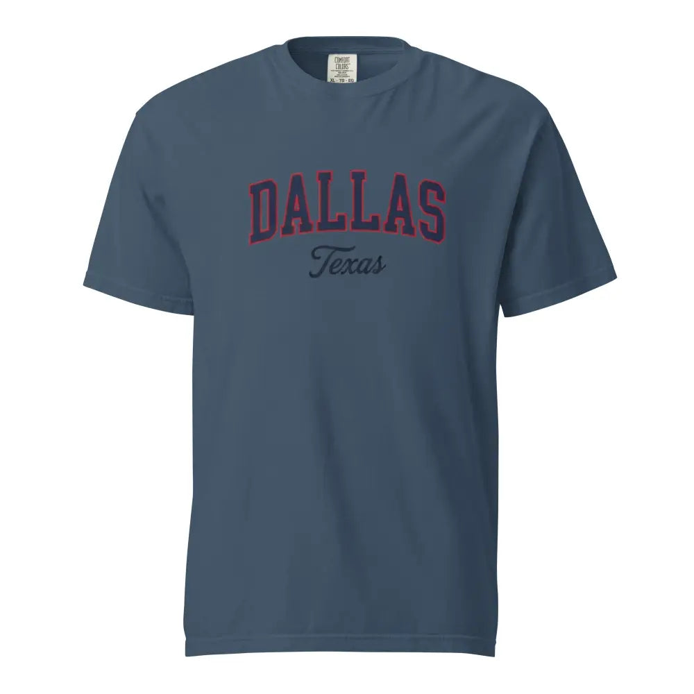Blue-grey Comfort Colors Dallas Texas vintage varsity arch graphic tee