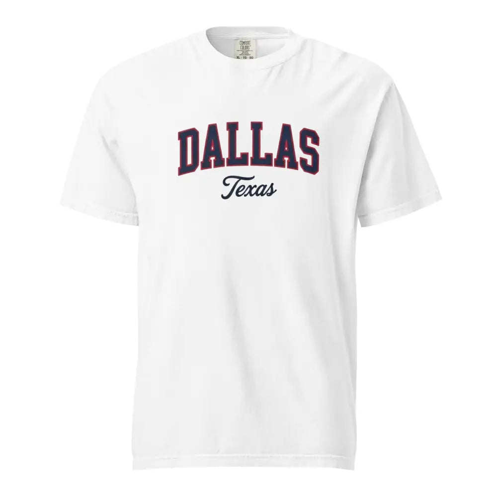 White Comfort Colors T-Shirt with Vintage Varsity Arch Dallas Texas Graphic