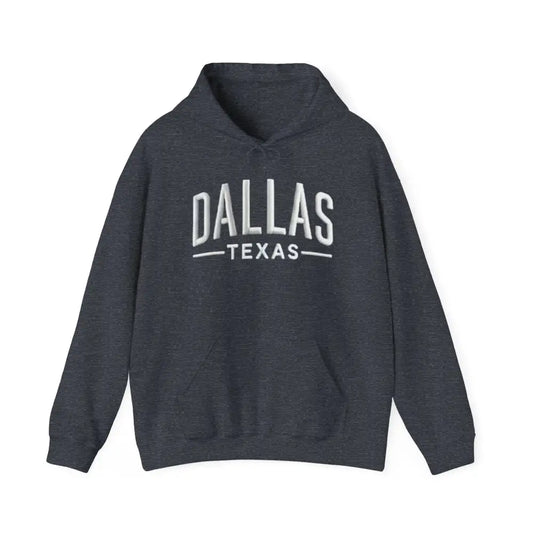 Dark gray Dallas Texas unisex hoodie with white embroidery, perfect for make America great style