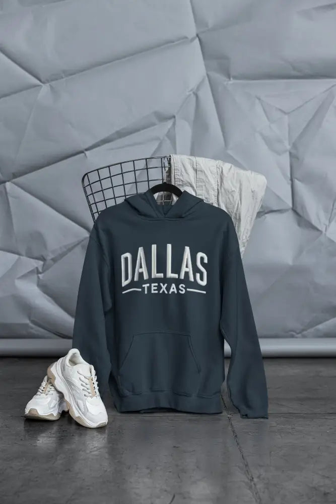 Dallas Texas unisex hoodie in dark gray with white text