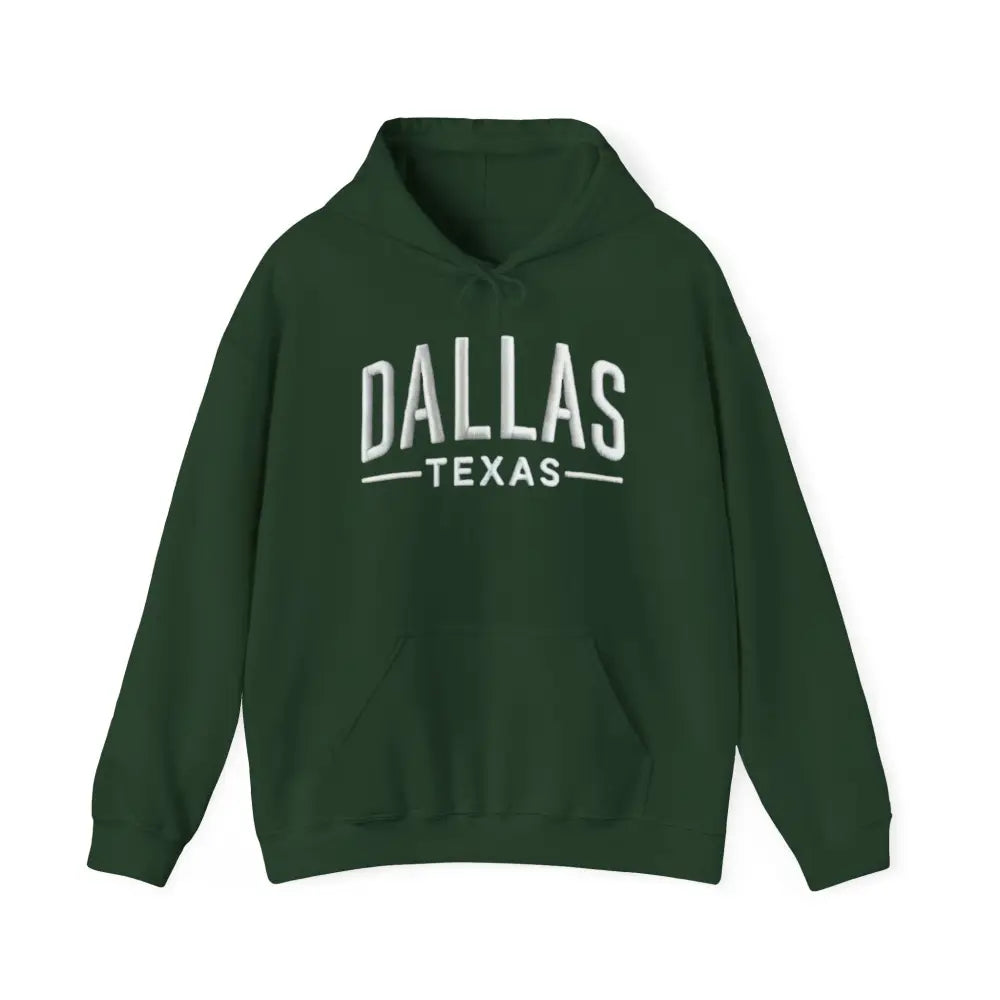 Dark green Dallas Texas unisex hoodie with white text, perfect for make America great fans
