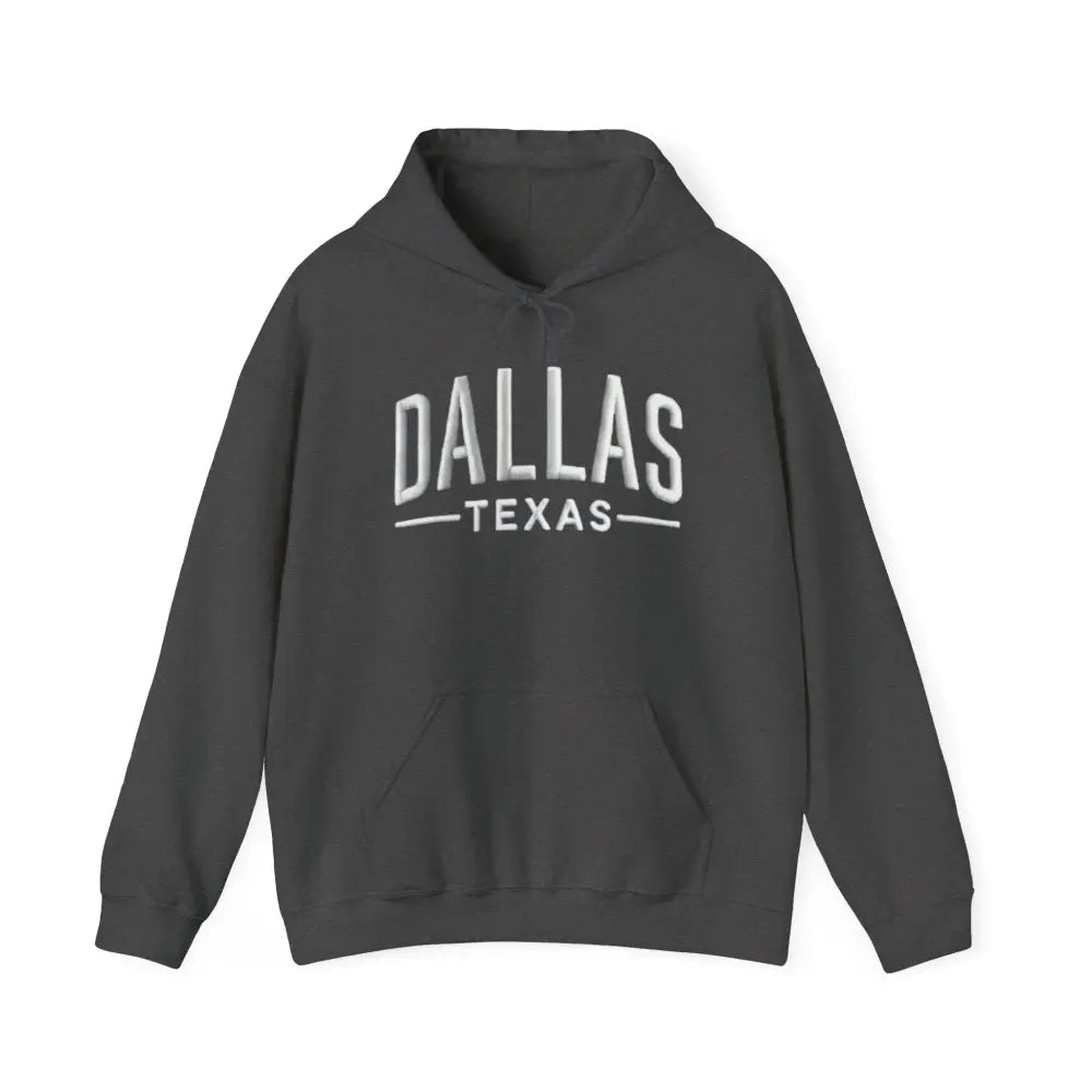 Dark gray Dallas Texas unisex hoodie with white text, perfect for make America great pride