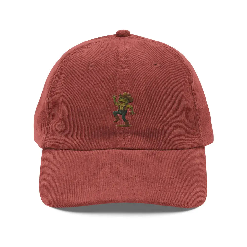 Red Dancing Frog Cowboy Embroidered Corduroy Hat by Trini Skies