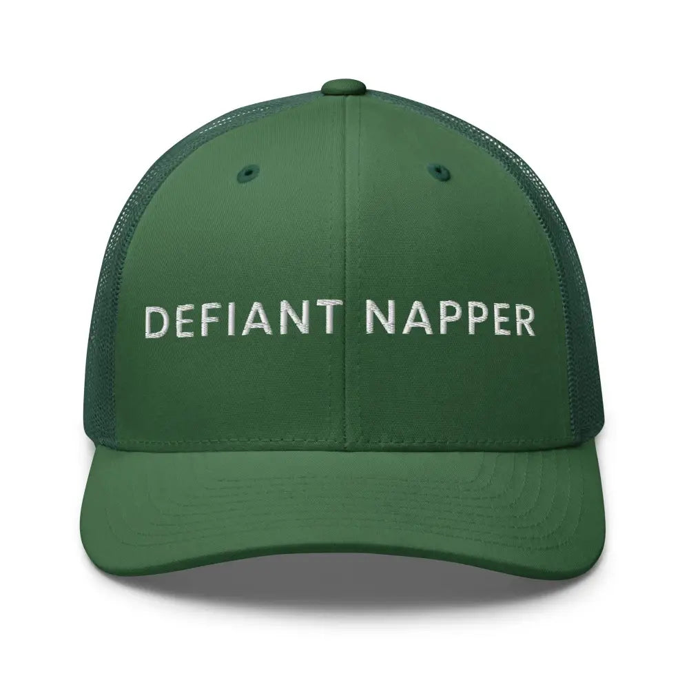 Green Defiant Napper embroidered trucker cap by Trini Skies Supply