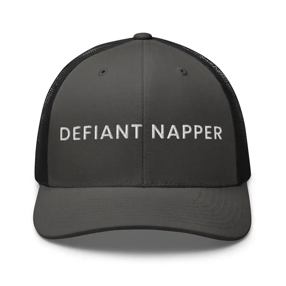 Defiant Napper unisex retro mesh trucker cap with white embroidery
