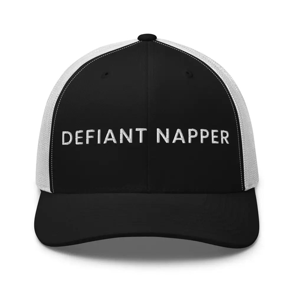 Defiant Napper unisex retro mesh embroidered trucker cap in black and white