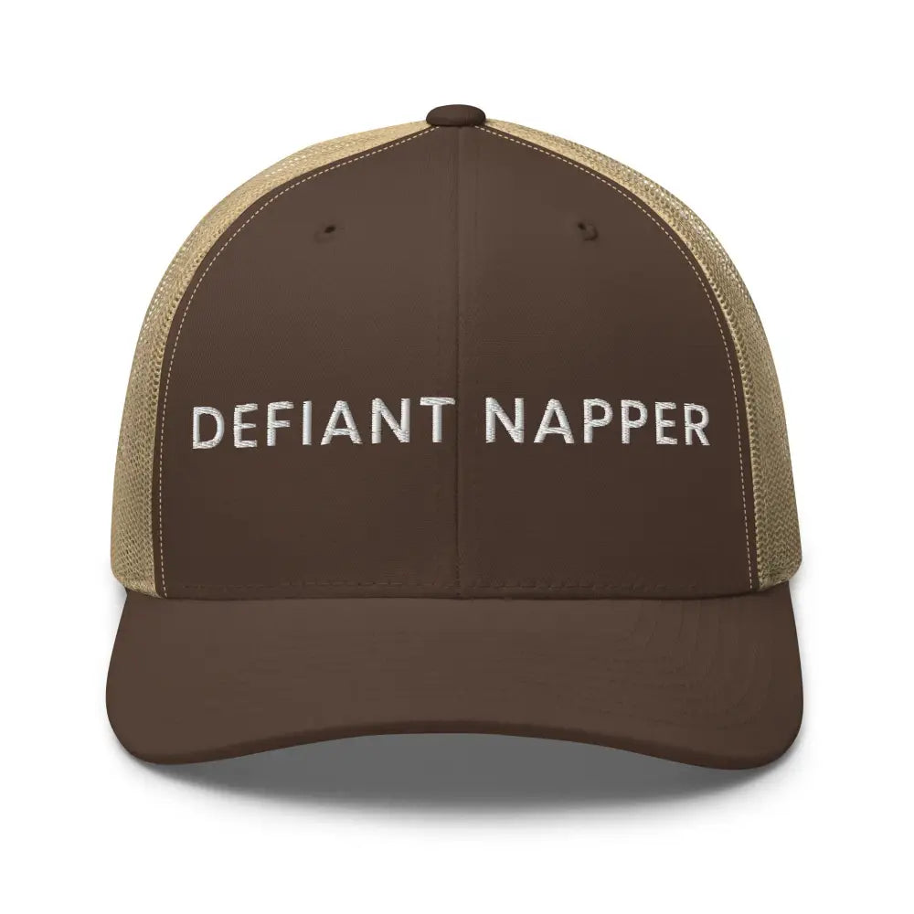 Defiant Napper unisex retro mesh embroidered trucker cap in brown