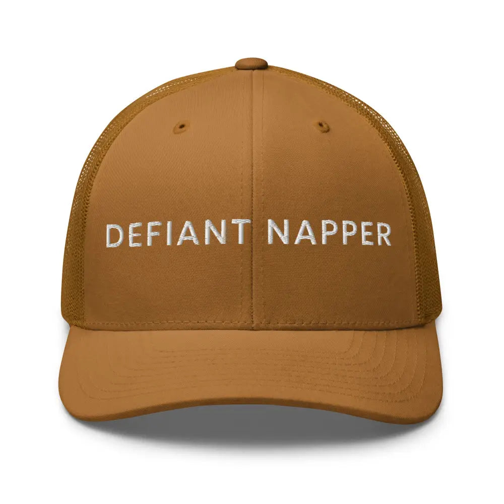 Brown mesh-back Defiant Napper trucker cap by Trini Skies Supply