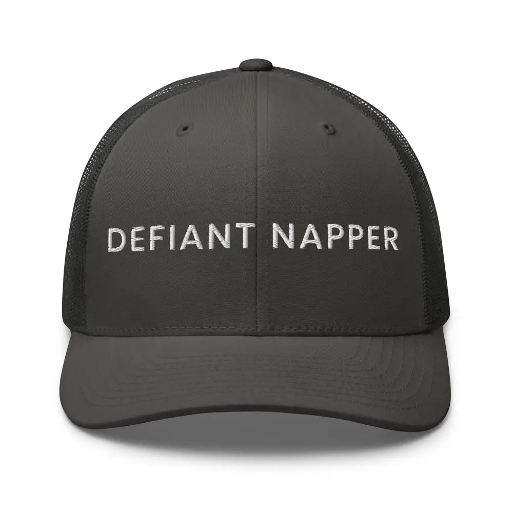Gray Defiant Napper embroidered trucker cap by Trini Skies Supply