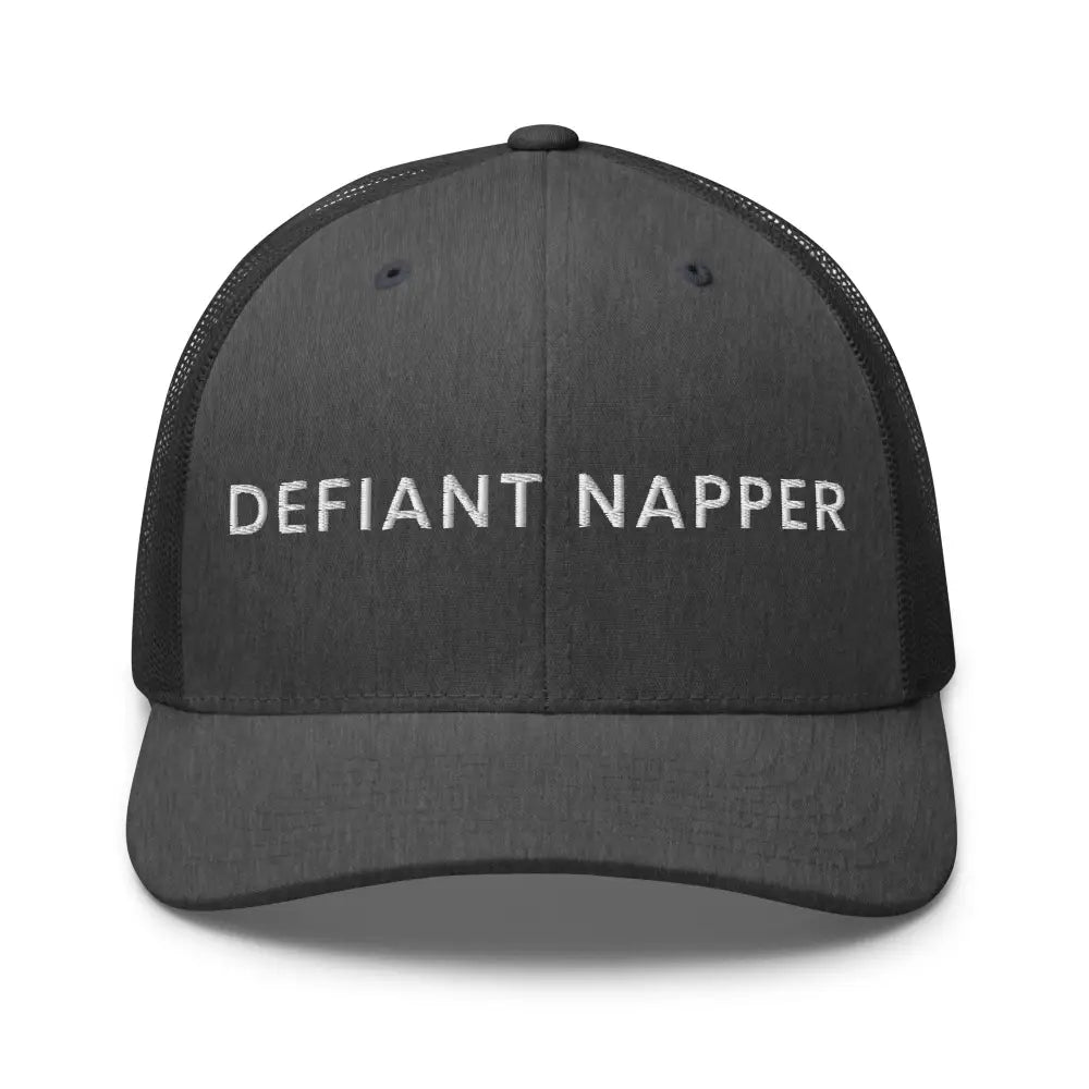 Dark grey Defiant Napper unisex retro mesh embroidered trucker cap