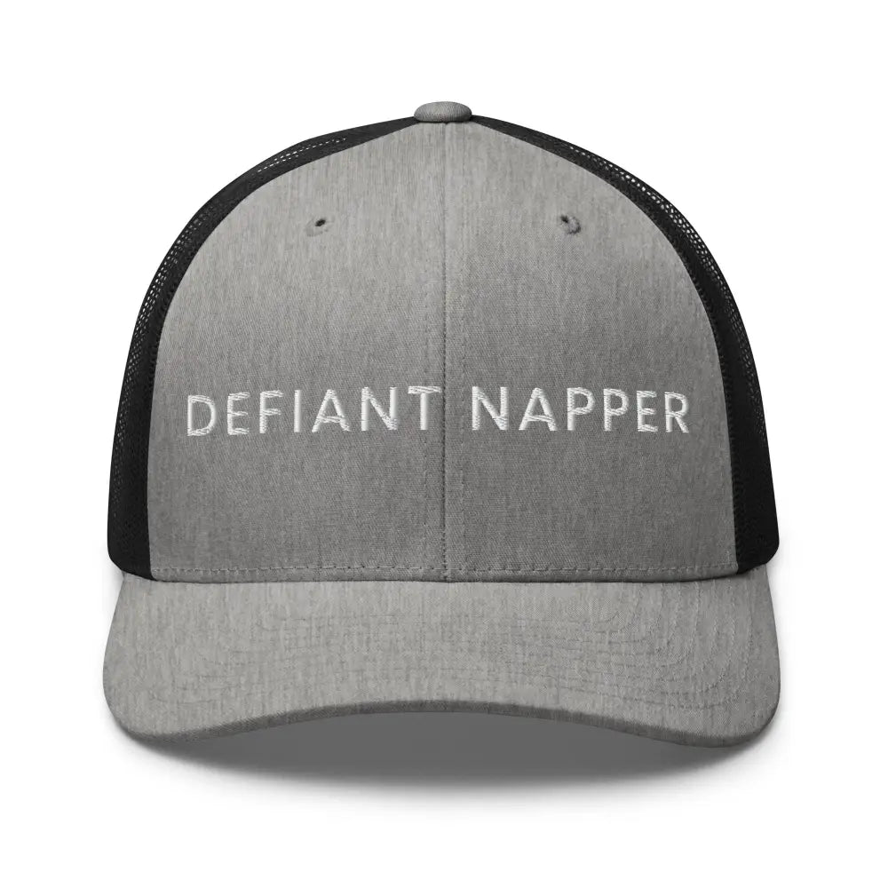 Defiant Napper unisex retro mesh embroidered trucker cap in gray and black