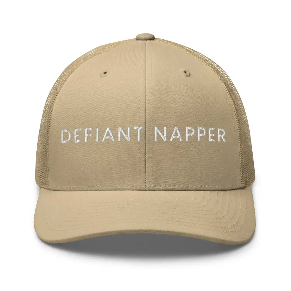 Tan Defiant Napper embroidered trucker cap by Trini Skies Supply
