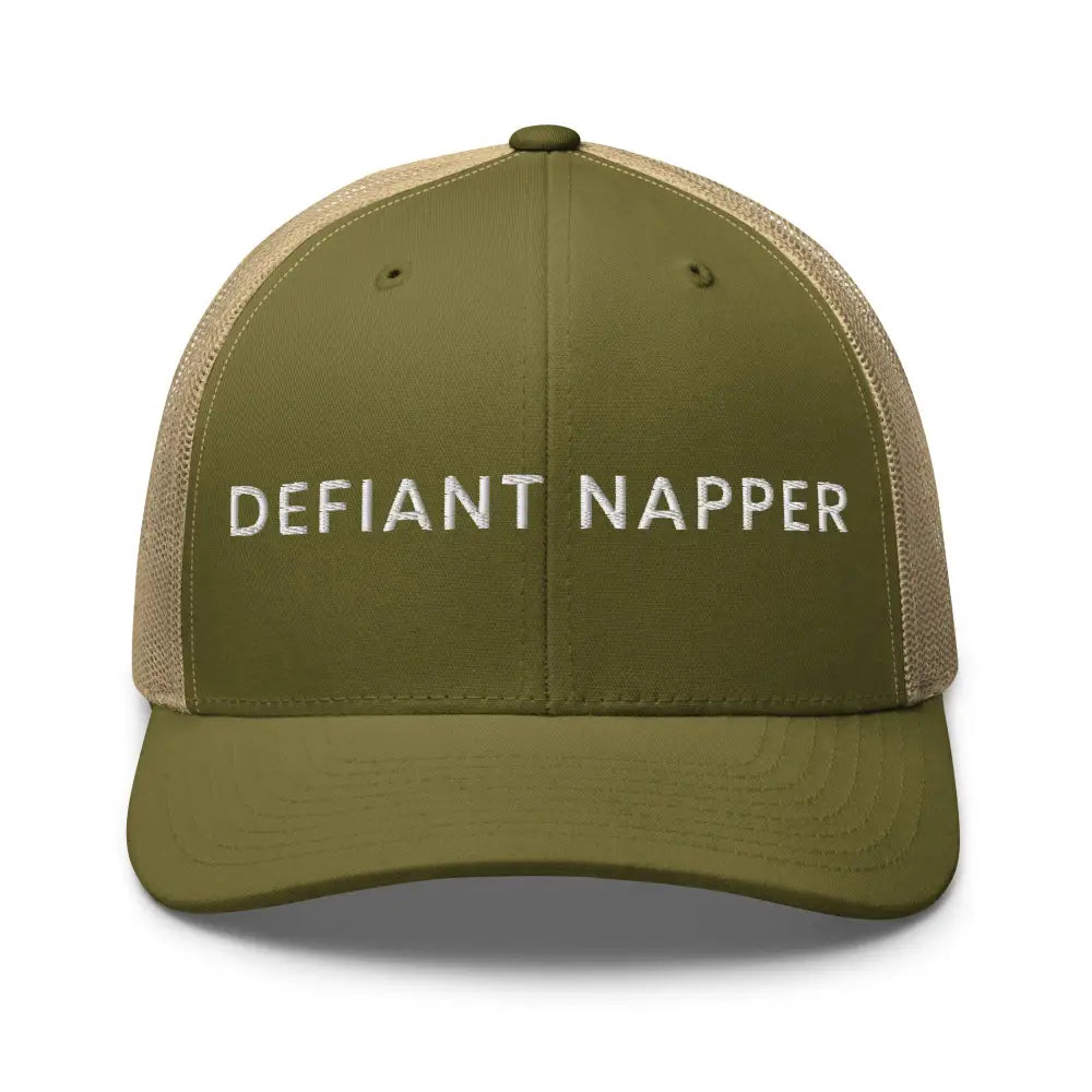 Defiant Napper unisex retro mesh embroidered trucker cap in olive green and tan