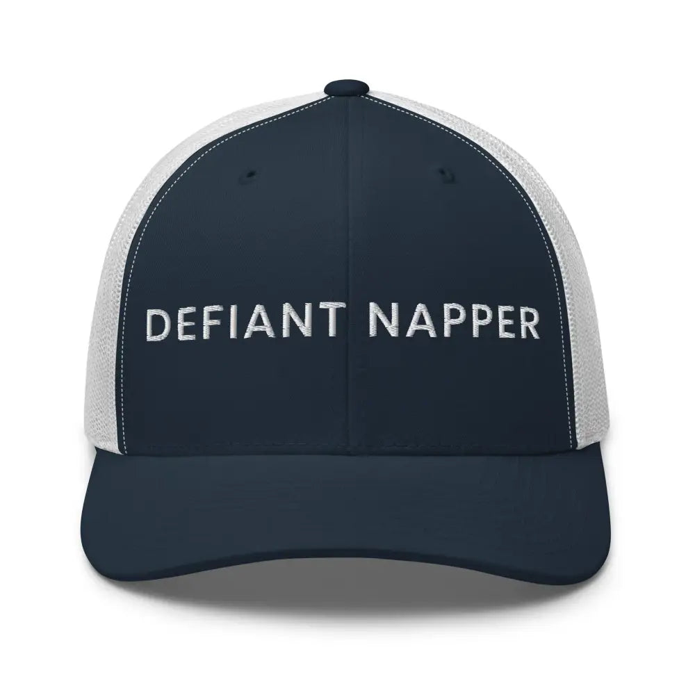 Defiant Napper unisex retro mesh trucker cap in navy blue and white