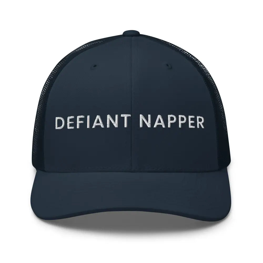 Dark blue Defiant Napper embroidered trucker cap with white text