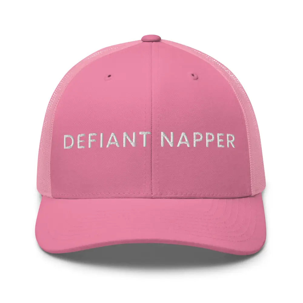 Pink mesh-back Defiant Napper embroidered trucker cap by Trini Skies Supply