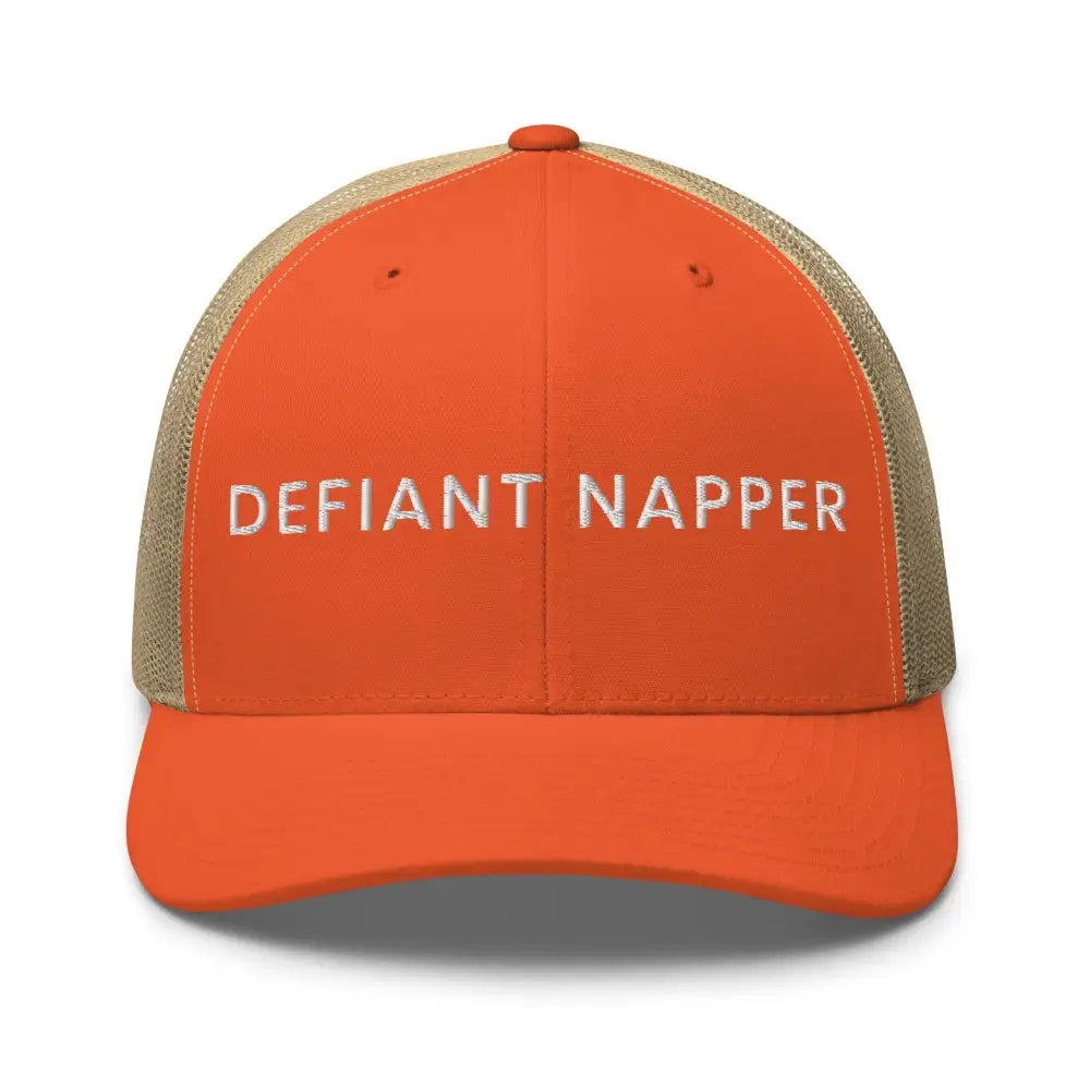 Orange and tan mesh trucker hat with Defiant Napper embroidery