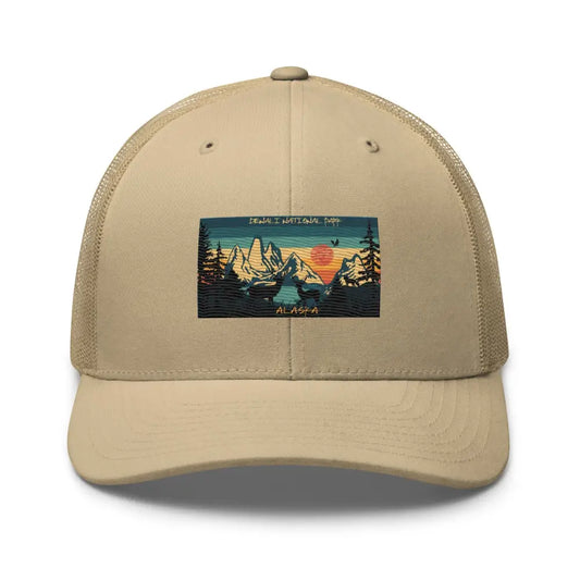 Denali National Park Alaska Retro Embroidered Trucker Cap Adjustable Mesh Back Hat - Hats beige trucker hat rectangular