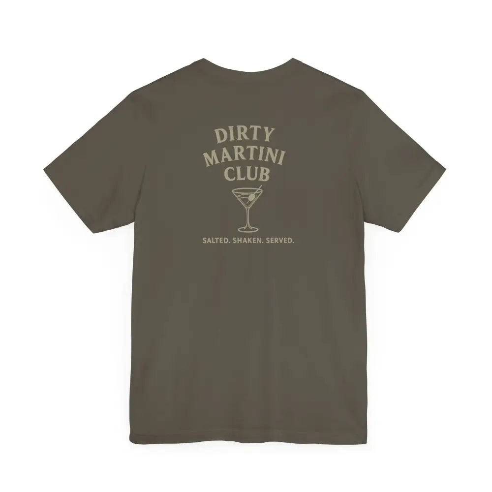 Olive green Dirty Martini Club Graphic Tee from Trini Skies Supply featuring a martini glass graphic