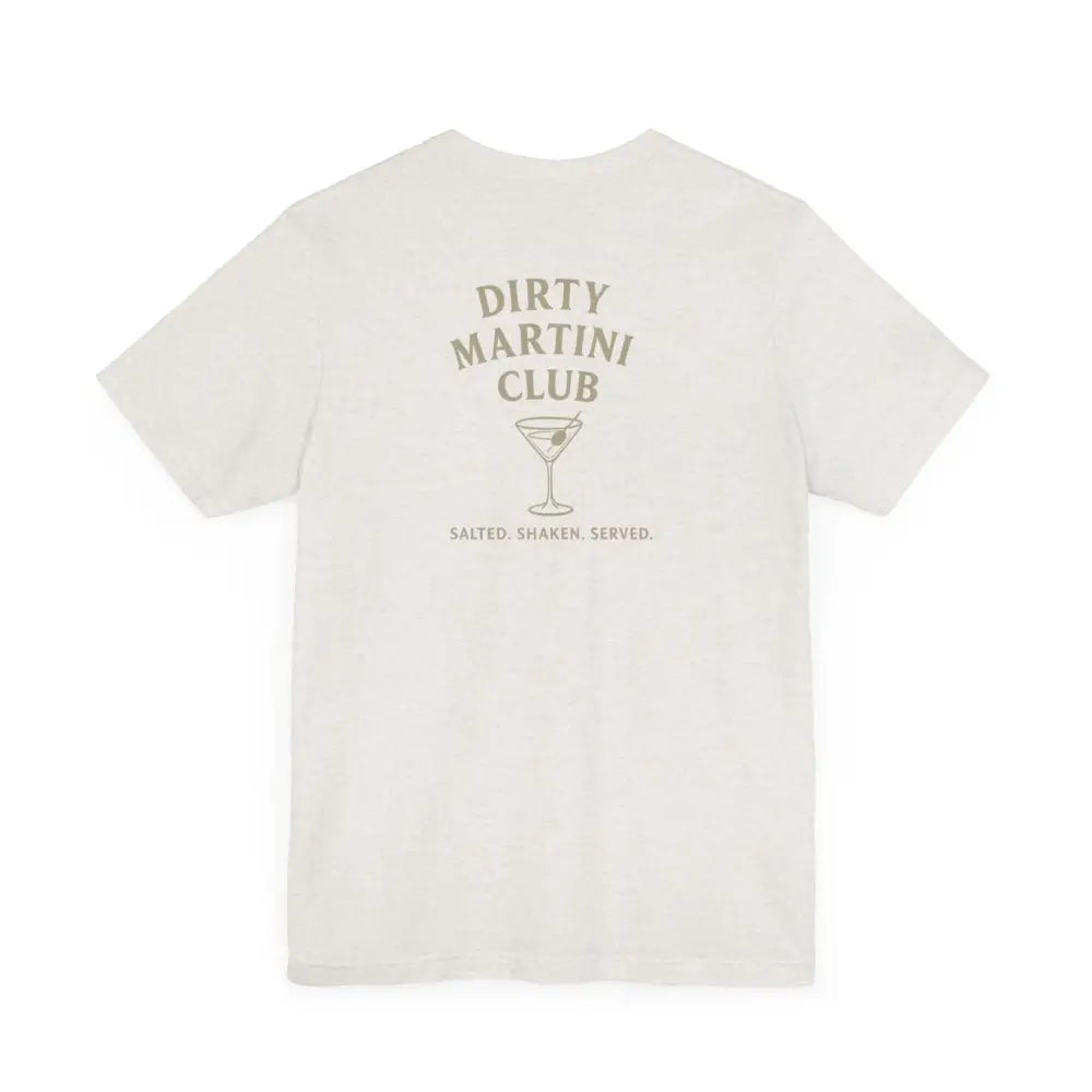 White T-shirt with martini glass graphic from Trini Skies Supply featuring embroidered corduroy cap
