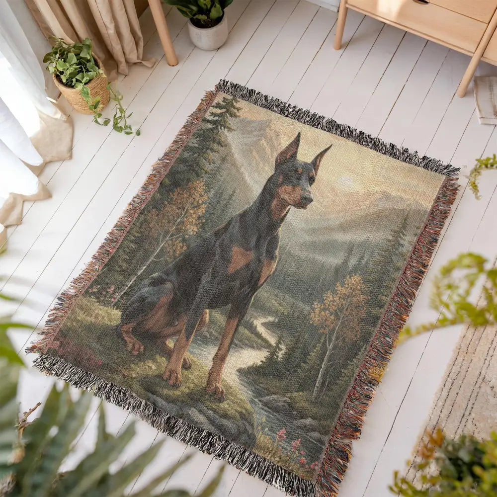 Trini skies graphics cotton protector’s blanket with Doberman in forest