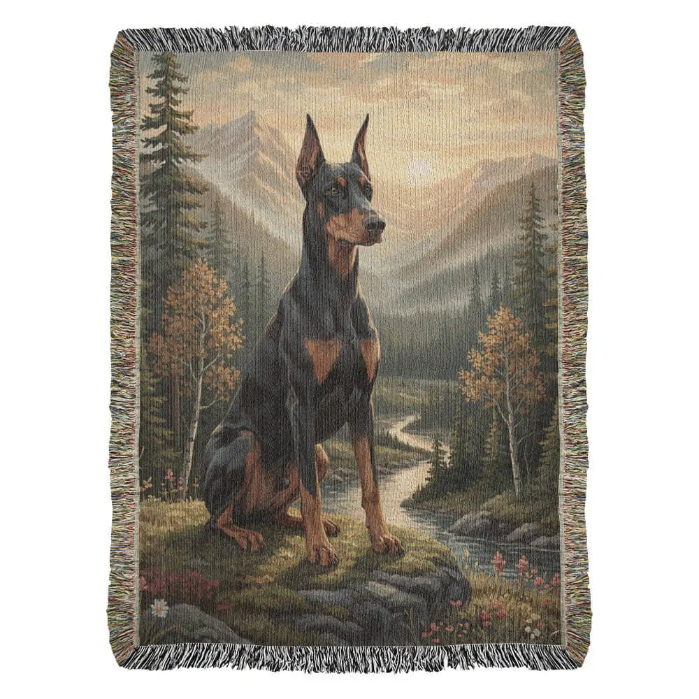 Doberman pinscher on rocky outcrop by stream, Trini Skies Graphics cotton protector’s blanket