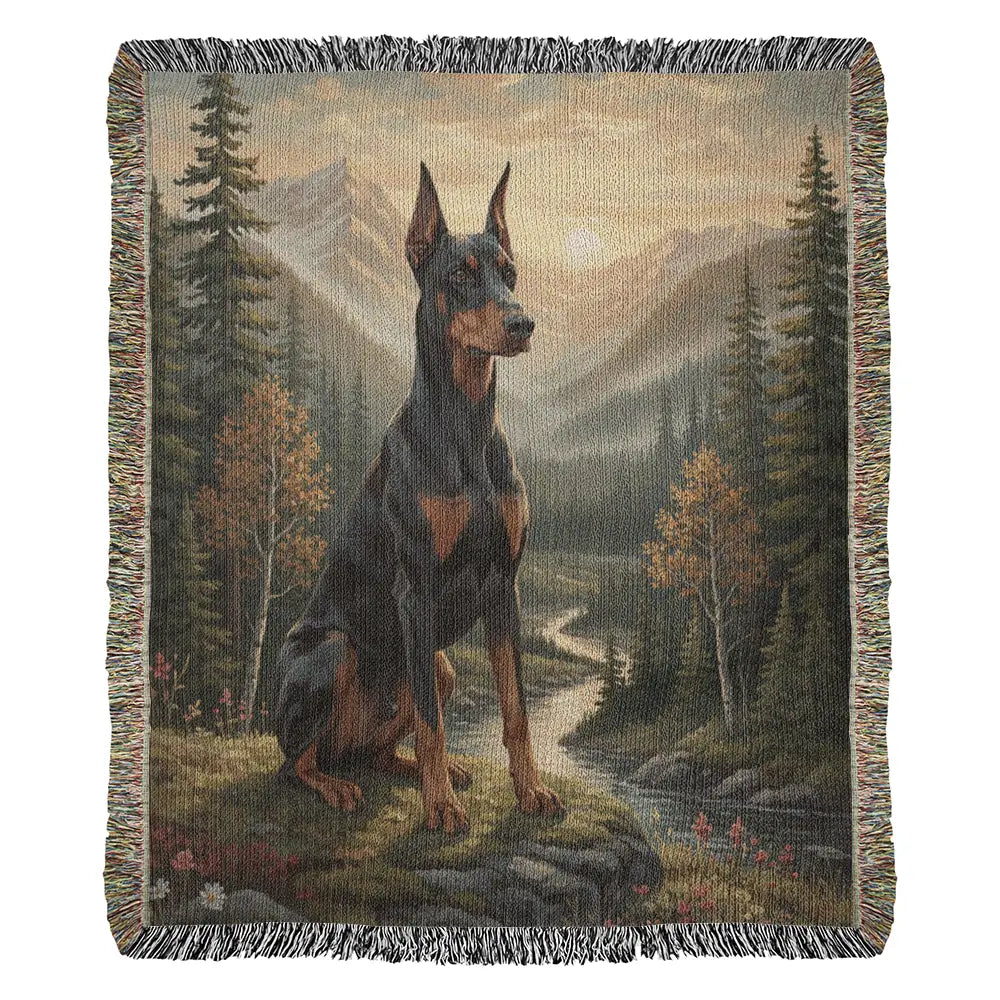 Black and tan Doberman on rocky outcrop by stream in autumn mountains, Trini Skies Graphics cotton protectors blanket