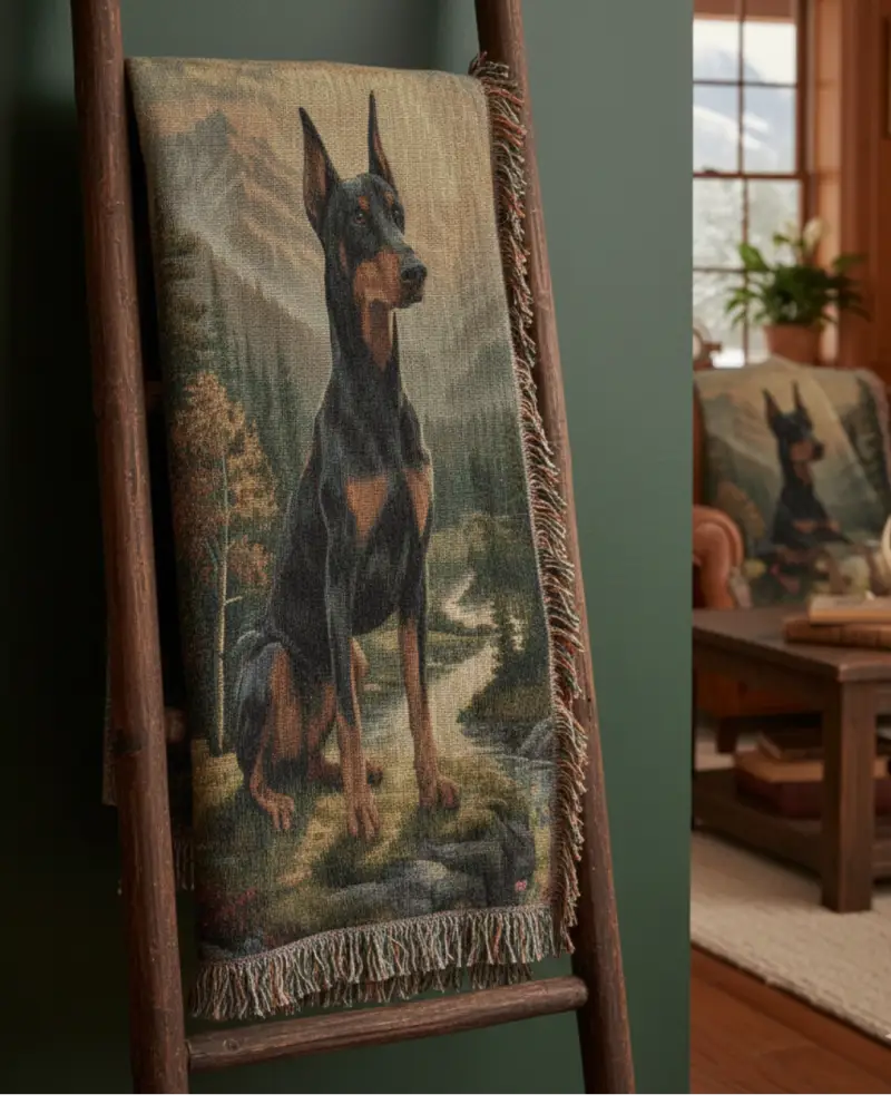 Doberman in Mountain Valley woven cotton protector’s blanket by Trini Skies Graphics