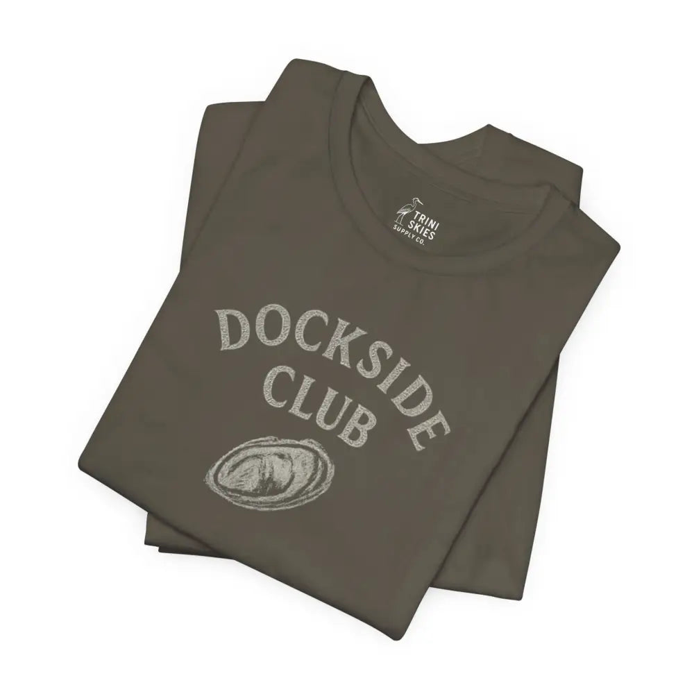Folded olive green Dockside Club graphic tee with oyster shell graphic by Trini Skies Supply
