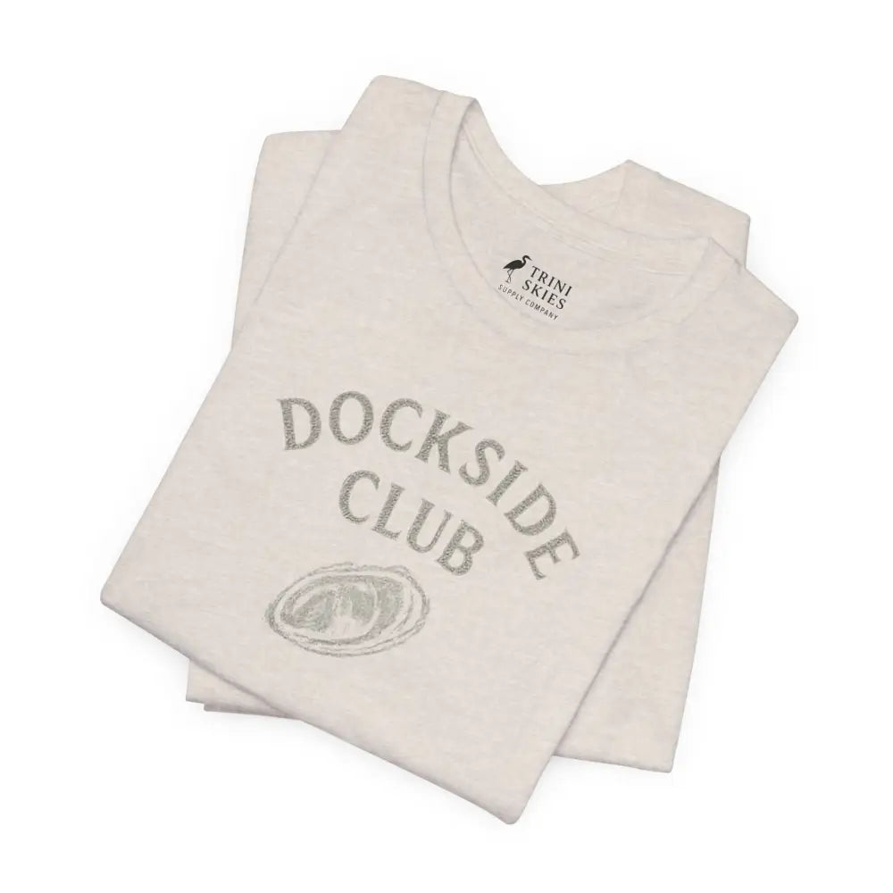 Folded white oyster dockside tee with Dockside Club embroidery by Skies Supply