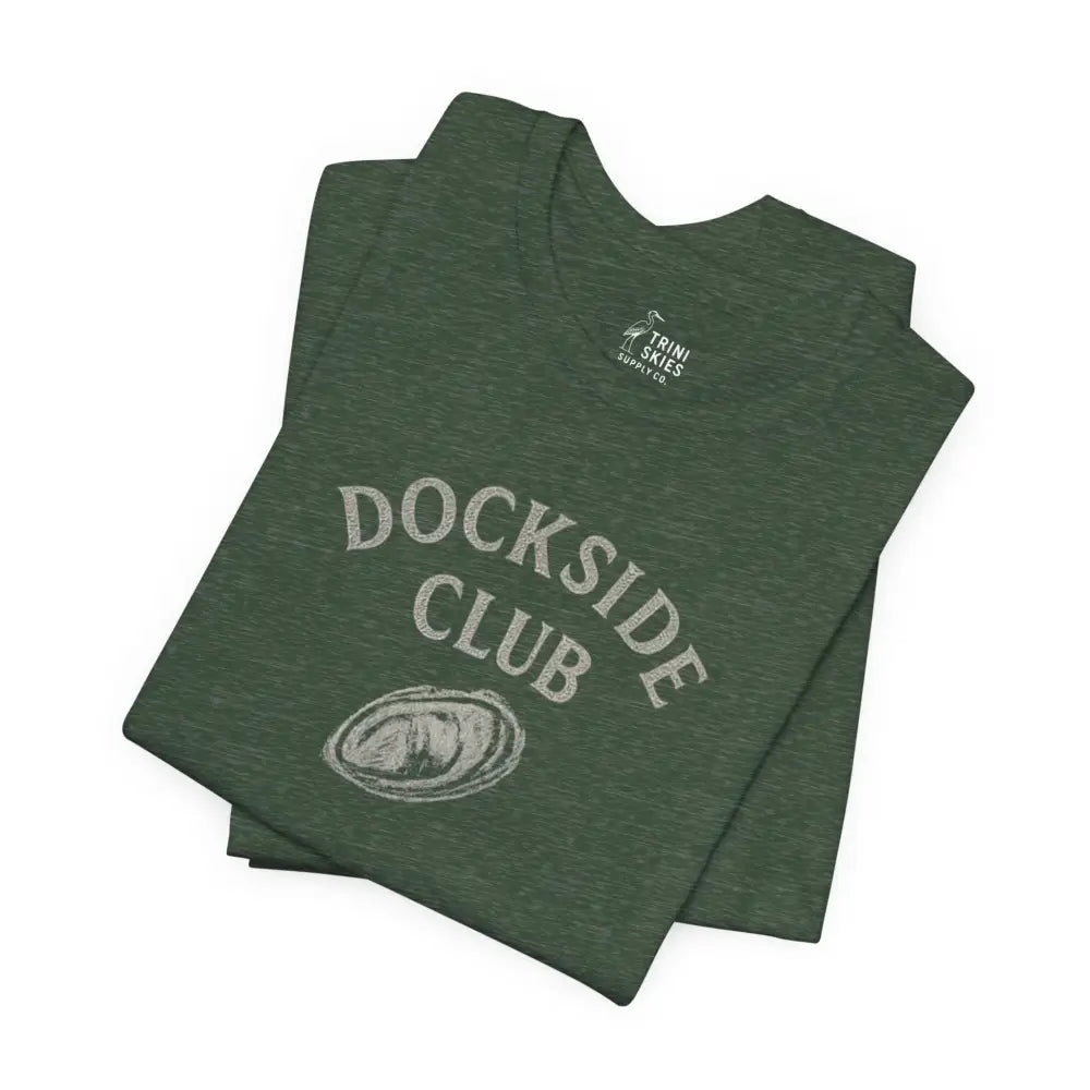 Folded dark green heathered Dockside Club Tee by Trini Skies Supply
