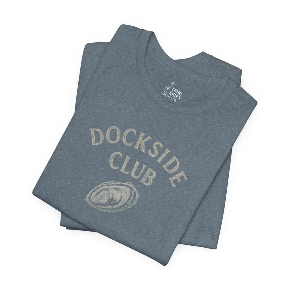Folded blue Dockside Club graphic tee by Trini Skies Supply