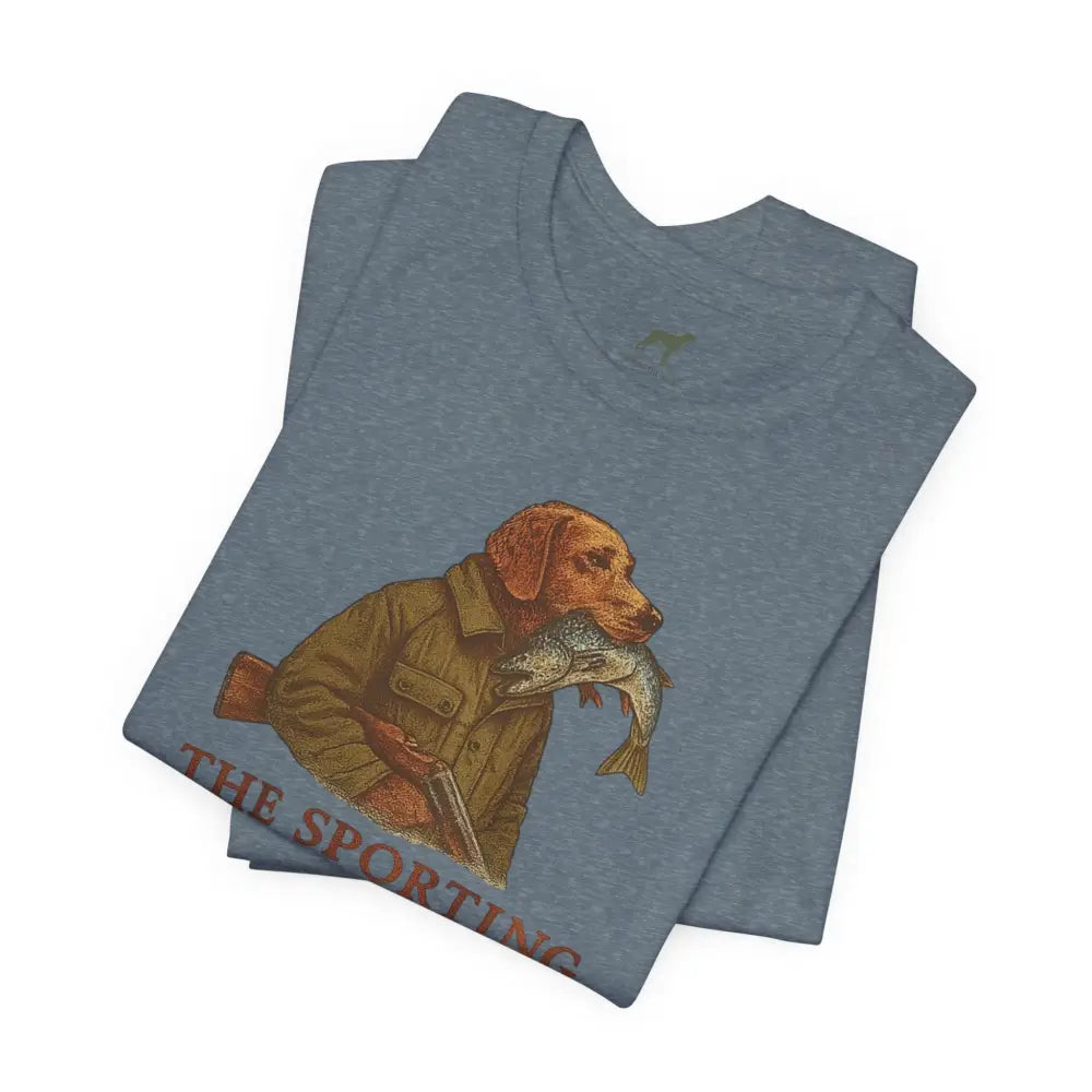 Folded blue-gray Dog Fishing Graphic Tee by Trini Skies Supply
