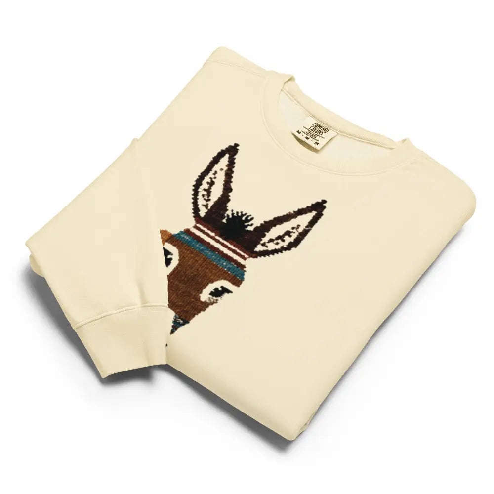 Cream-colored knit donkey sweatshirt with minimal wildlife design