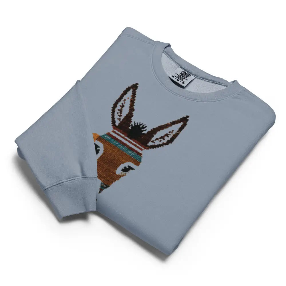 Light blue donkey face sweatshirt with minimal wildlife design
