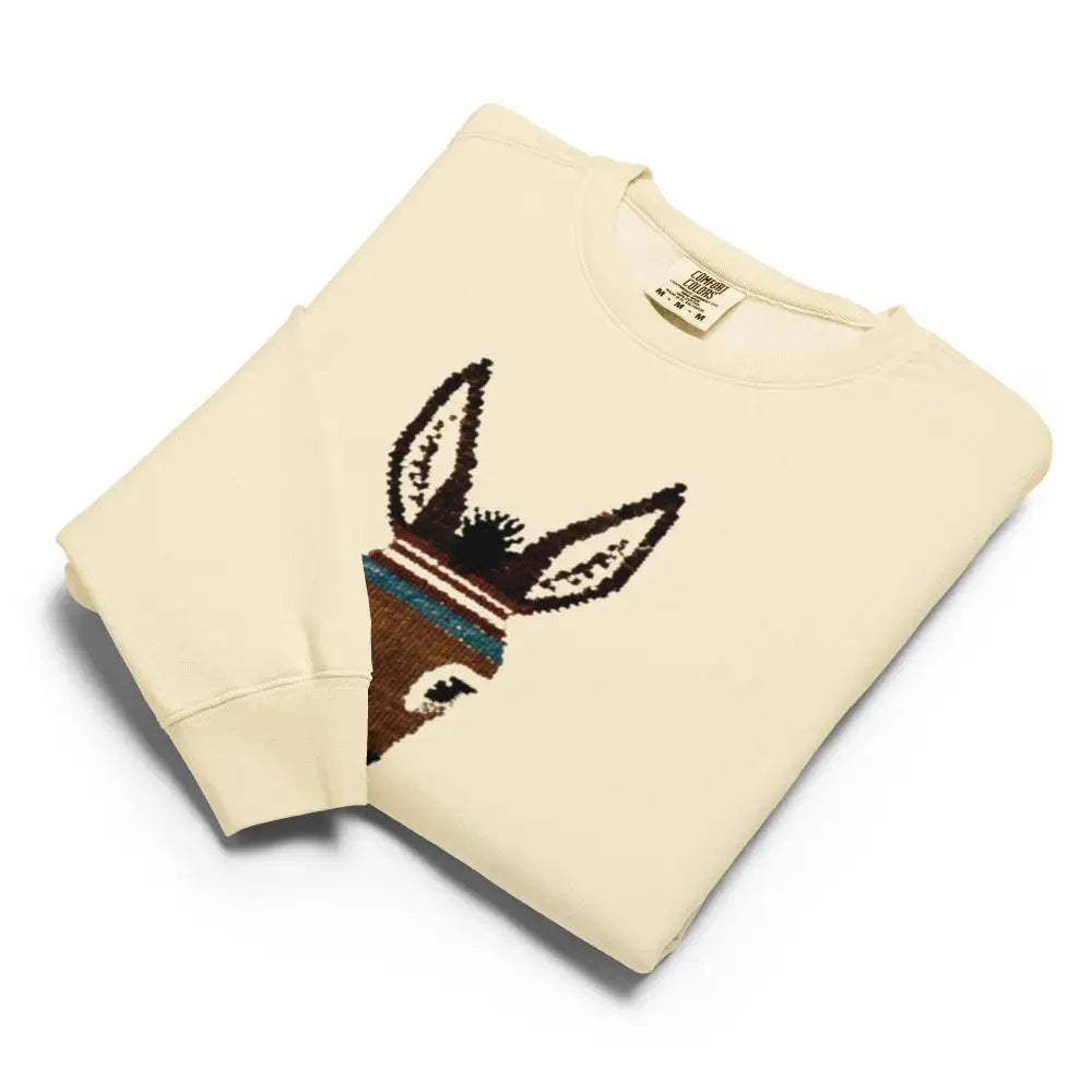 Cream-colored knit sweatshirt with embroidered donkey face in minimal wildlife design