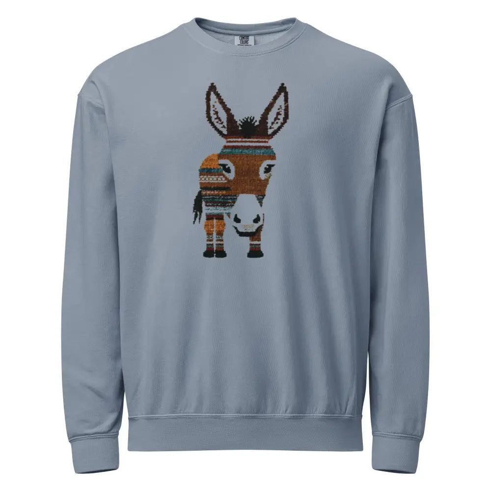 Light blue donkey sweatshirt with minimal wildlife design in garment-dyed fleece
