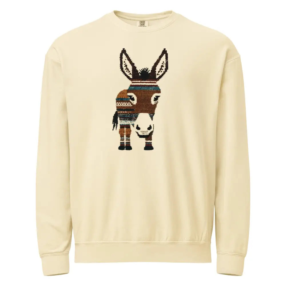 Cream-colored donkey sweatshirt with minimal wildlife design in knitted stripes
