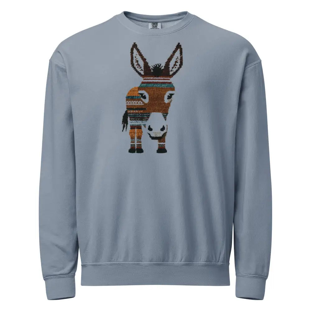 Light blue wildlife crewneck sweatshirt with minimal knitted donkey design