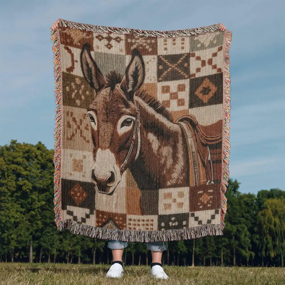 Donkey woven blanket with southwestern patchwork wildlife tapestry throw