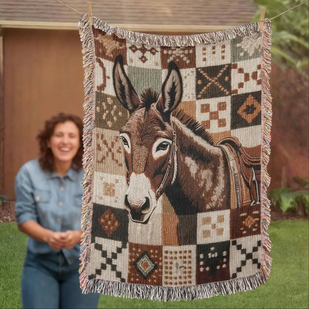 Donkey woven blanket: southwestern patchwork wildlife tapestry throw