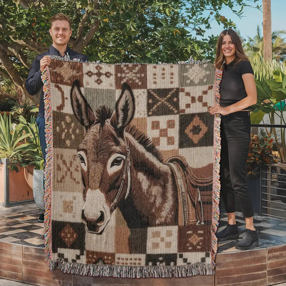 Donkey woven blanket in southwestern patchwork wildlife tapestry throw