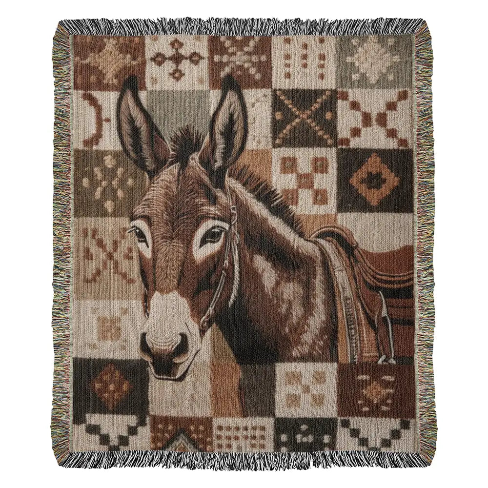 Donkey woven blanket with southwestern patchwork wildlife tapestry throw