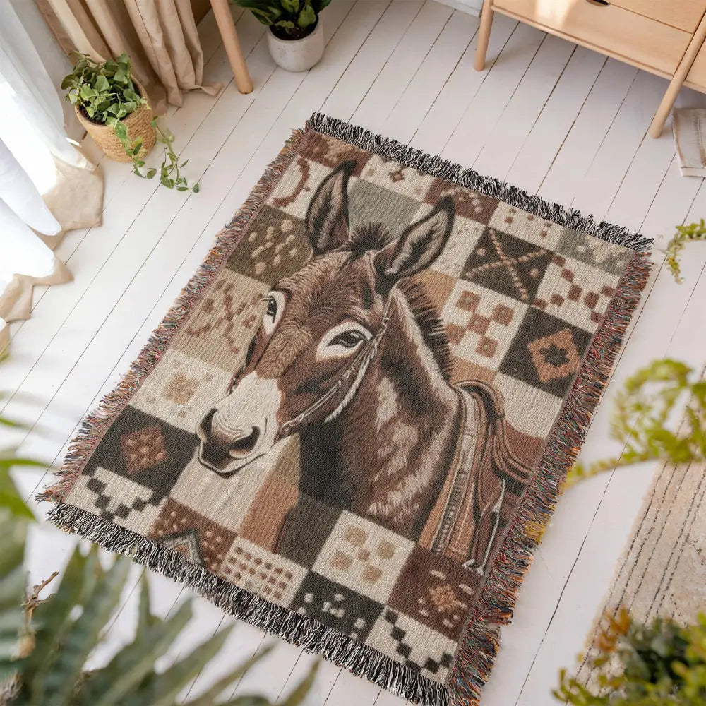 Donkey woven blanket with southwestern patchwork wildlife tapestry throw