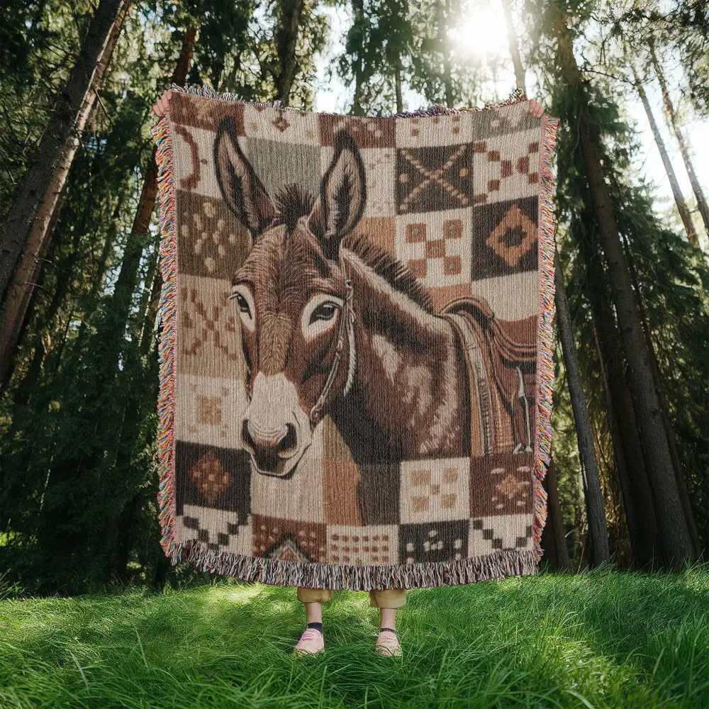 Donkey woven blanket with southwestern patchwork wildlife tapestry throw