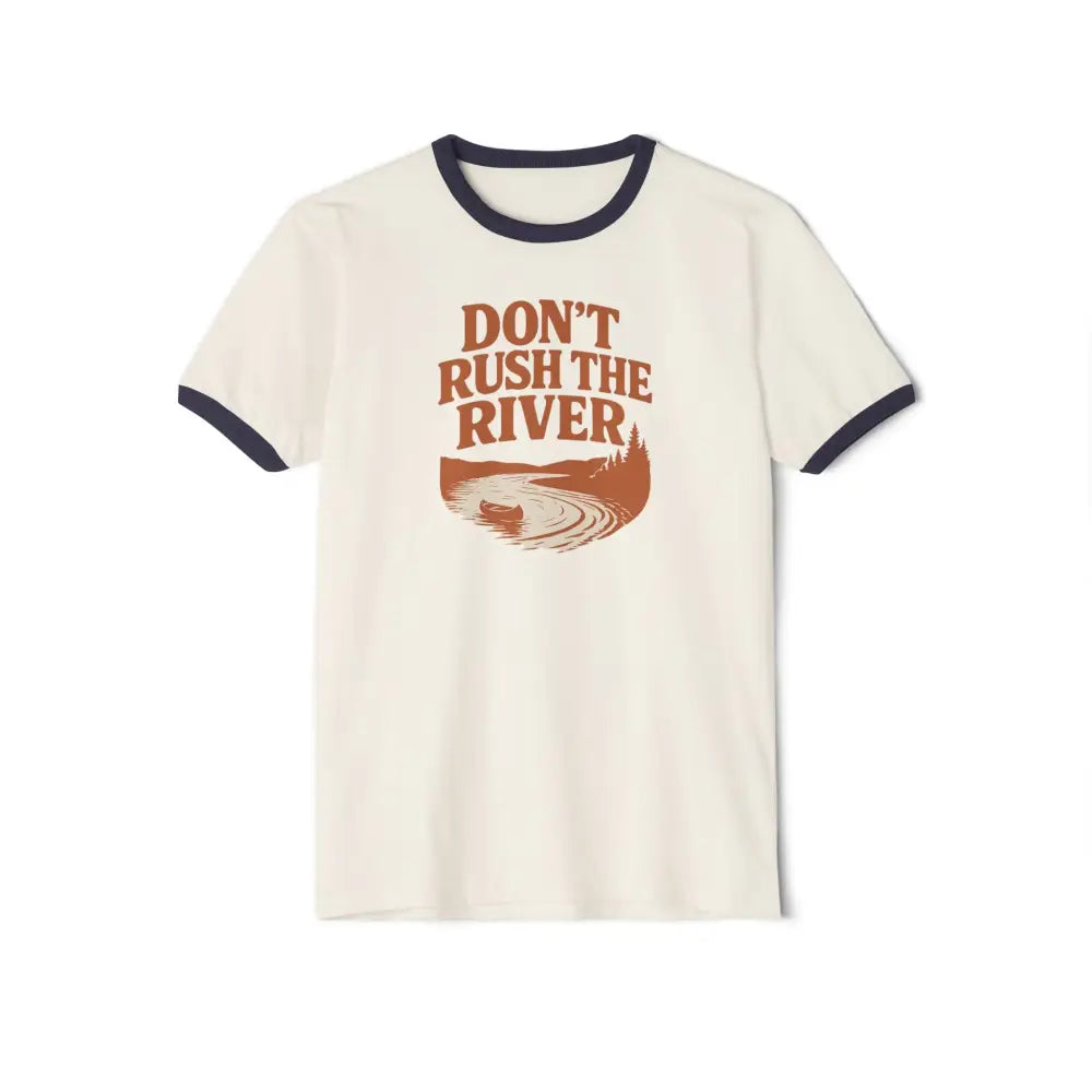 Cream-colored ringer tee with vintage-style outdoor graphic river scene and Don’t Rush the River text