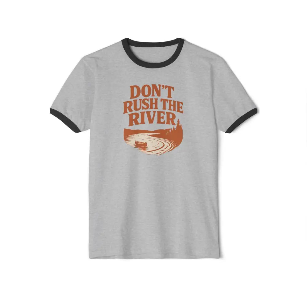 Light gray ringer t-shirt with vintage-style outdoor graphic Dont Rush The River