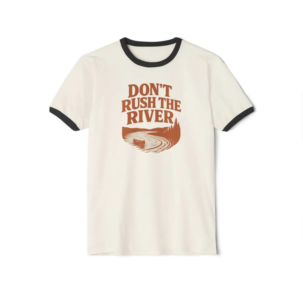 Cream-colored ringer t-shirt with vintage-style outdoor graphic Don’t Rush the River