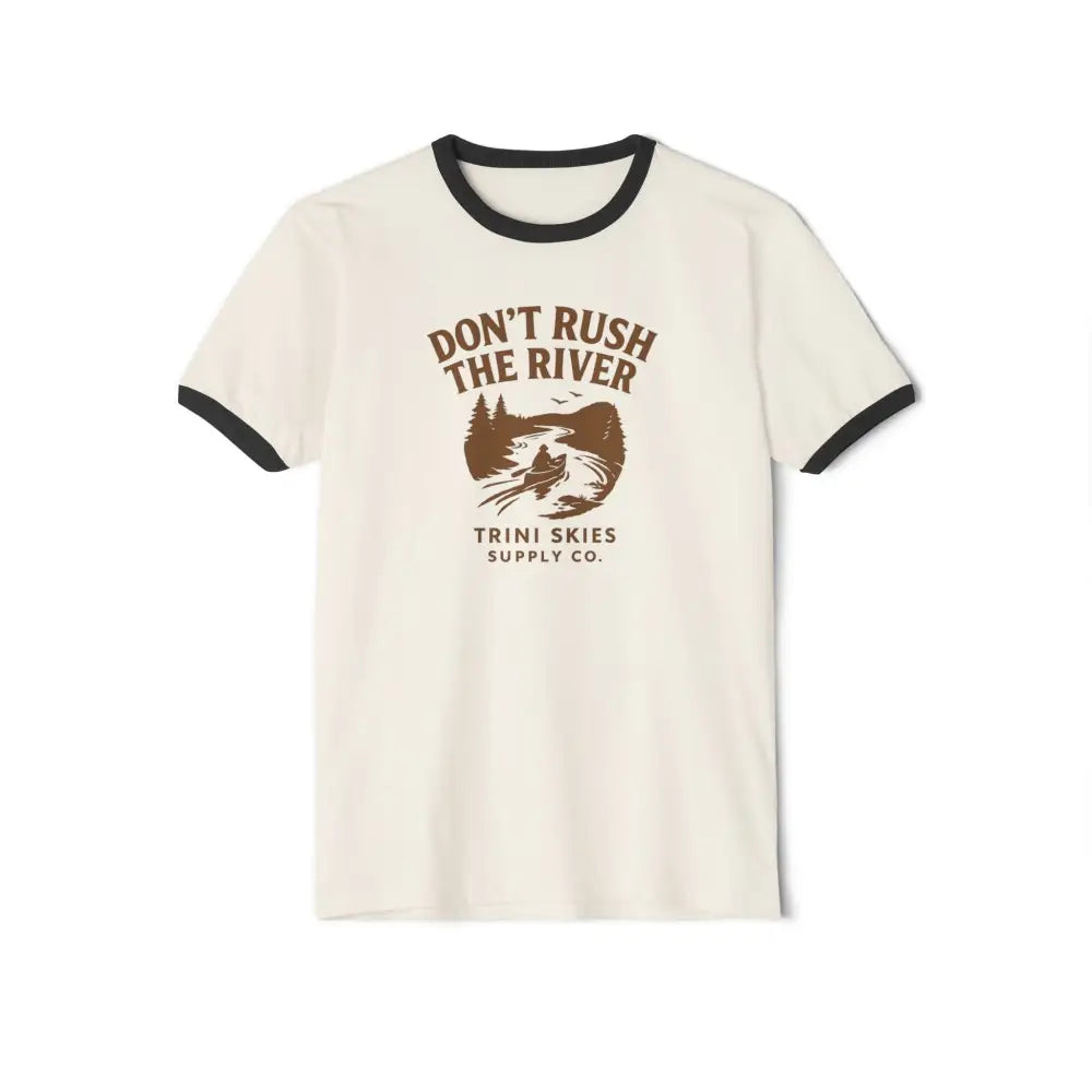 Cream-colored ringer t-shirt with brown vintage-style outdoor graphic print for outdoor fashion